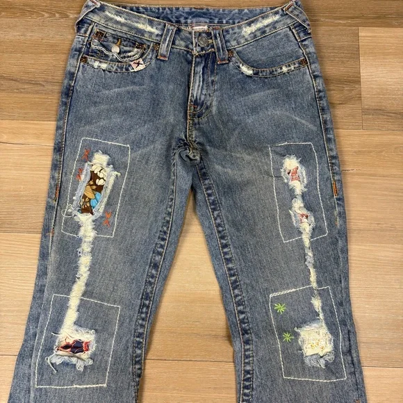 True Religion Low Rise Distressed Flare Jeans, Size 27 - Picture 2 of 7